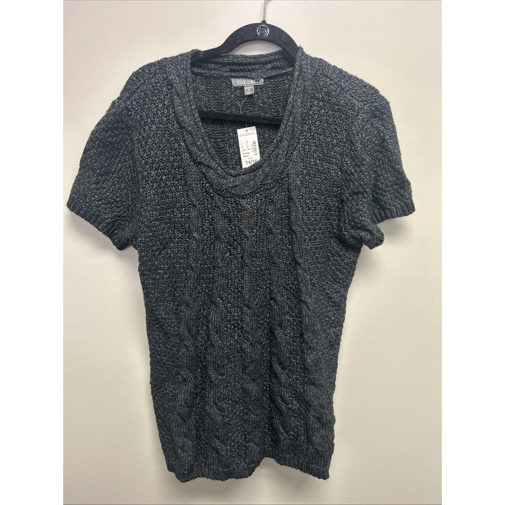 Roz & Ali Woman Gray Cable‎ Knit Short Sleeve Sweater New 1X